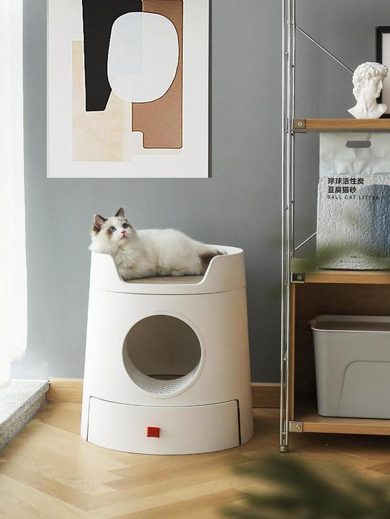 Michu X Mayitwill XL Castle 2-In-1 Front Entry Cat Litter Box with Scratch Basin & Scoop Included, White