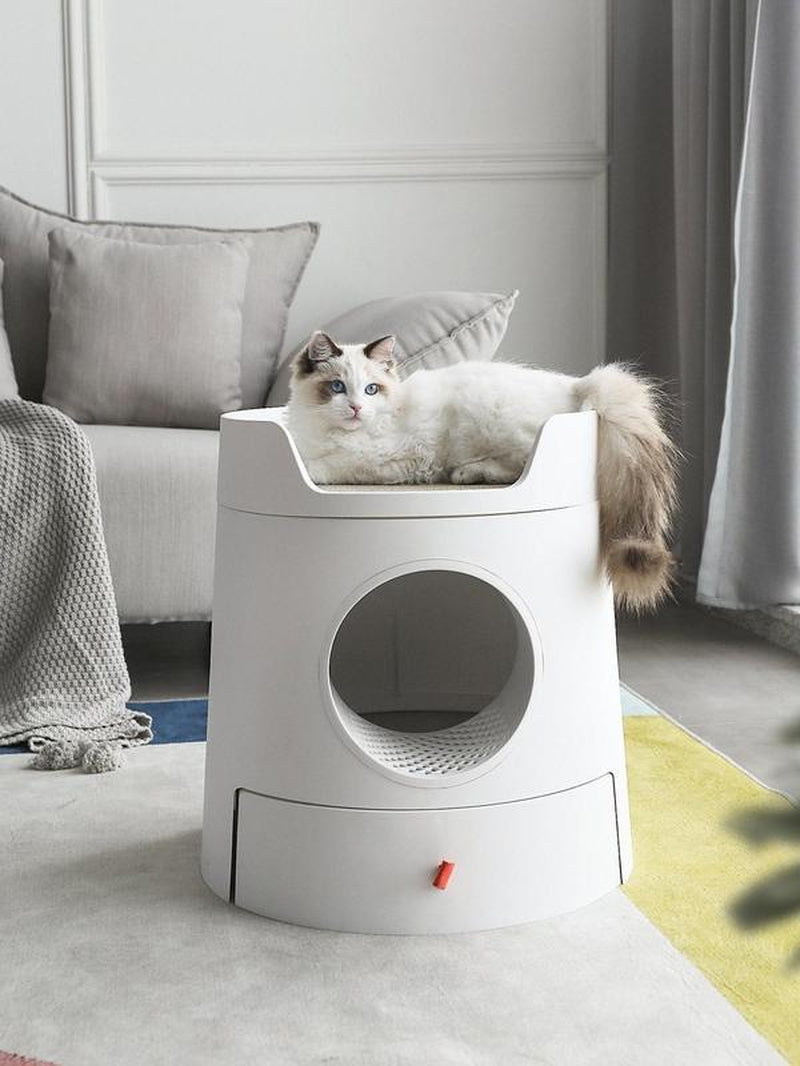 Michu X Mayitwill XL Castle 2-In-1 Front Entry Cat Litter Box with Scratch Basin & Scoop Included, White